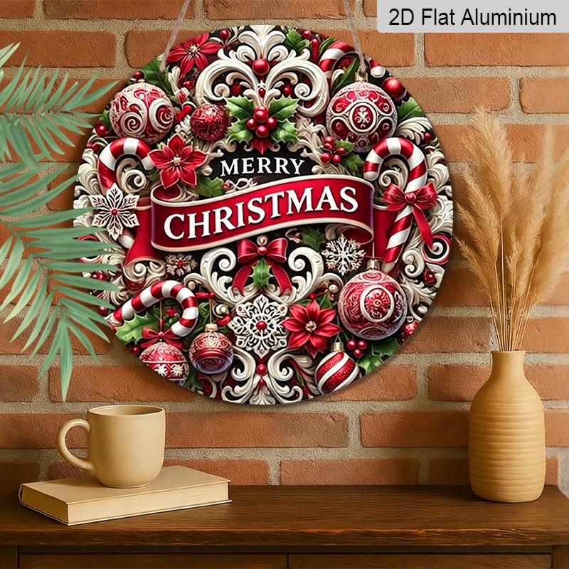 2D Flat, 1pc Round Aluminum Metal Sign, Vintage Elegant Classic Christmas Style Scroll Candy Cane “Merry Christmas” Print, Perfect for Holiday Rustic