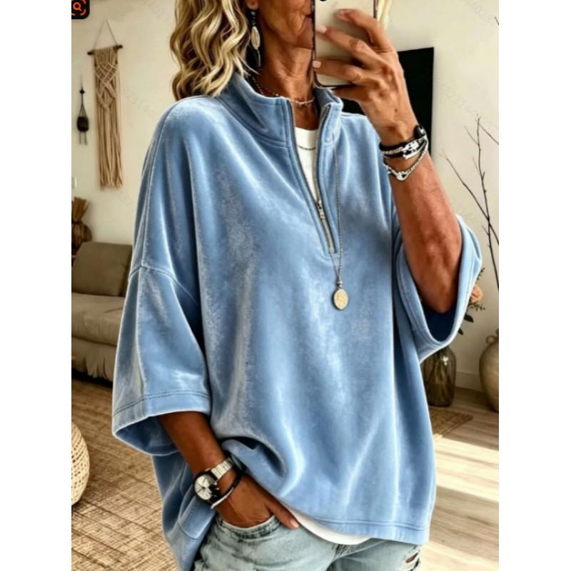 Womens Relaxed Half-Zip Fleece Pullover Sweatshirt 7/8 Sleeve Solid Color Casual Top