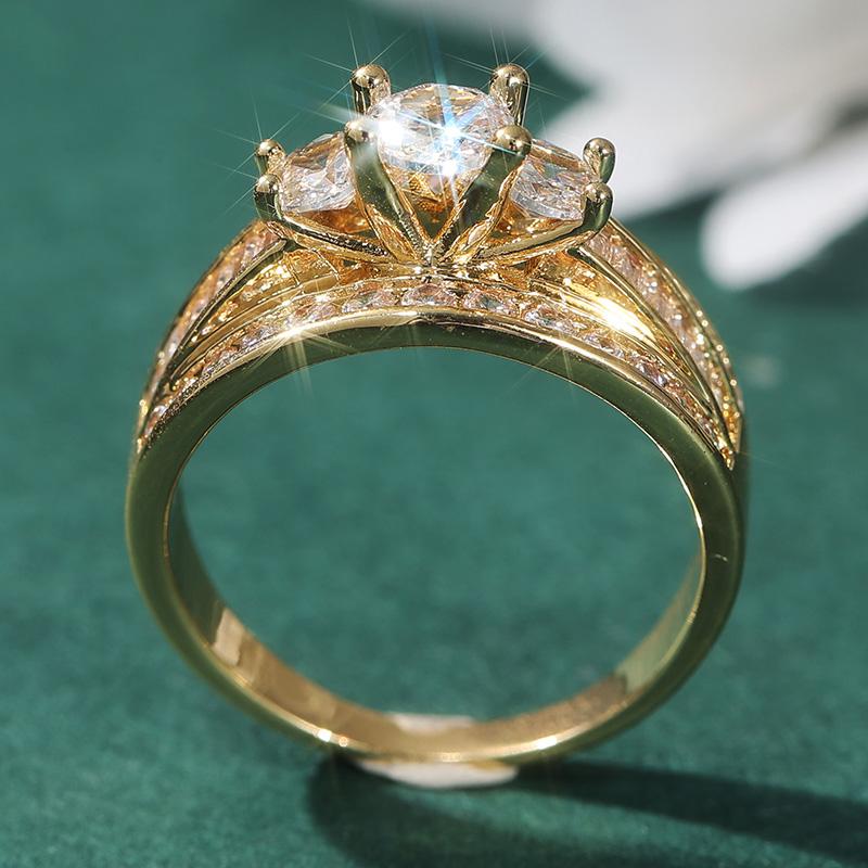 Dazzling Gold Color Inlaid White CZ Women's Ring Geometry Daily Wear Party Jewelry
