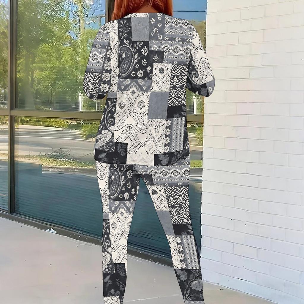 Women Plus Size Patchwork Printed Round Neck Long Sleeve Top And Fitted Pants Two Piece Set