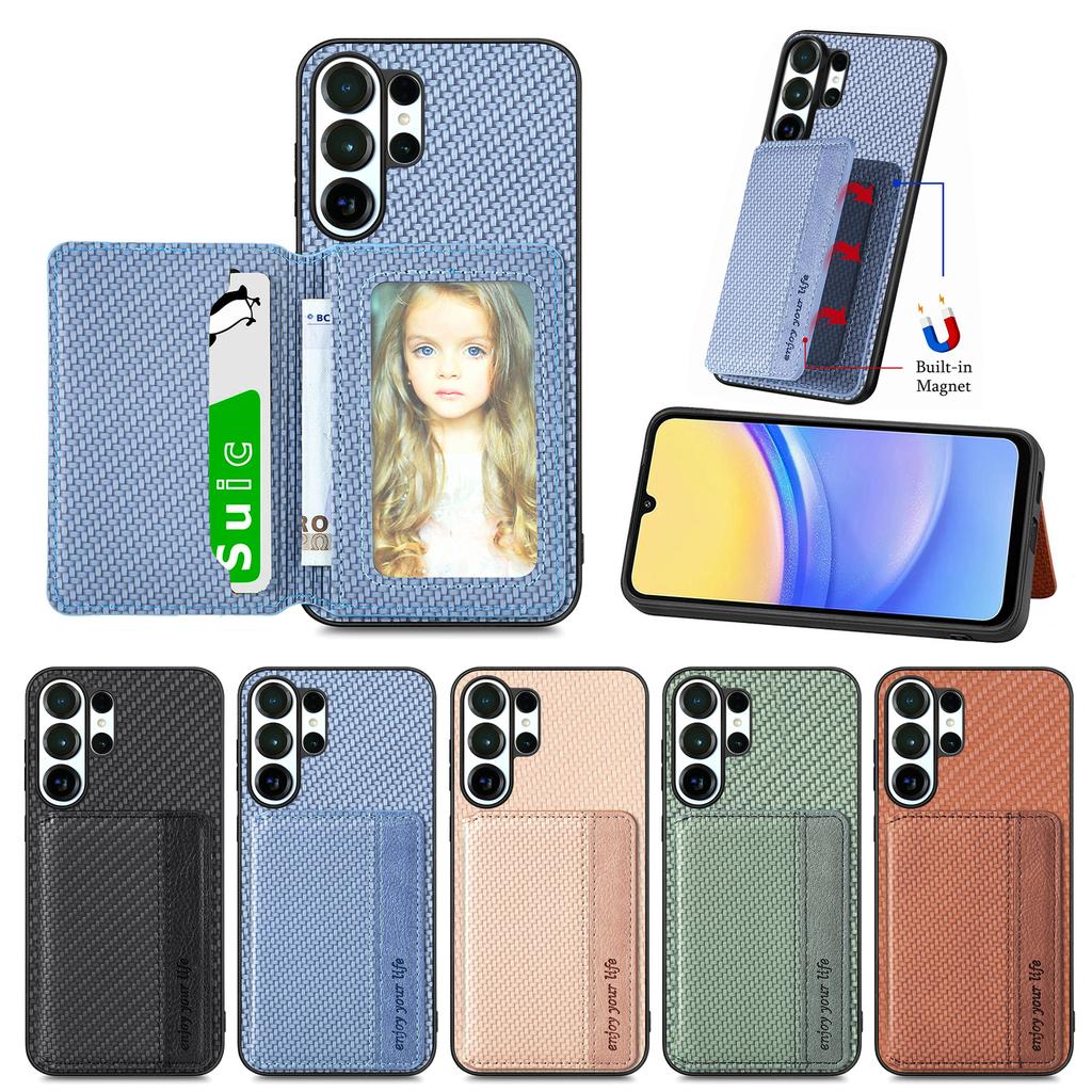 Business Magnetic Carbon Fibrer Cards Solt Wallet Phone Case For Samsung S25 Ultra S24 Plus S23 A17 A07 Kickstand Flip Cover