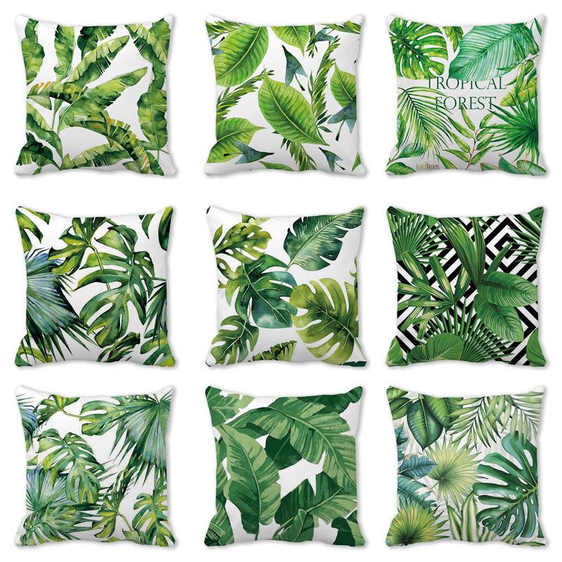 Watercolor tropical green leaf banana leaf Digital printing short plush pillow covers for sofa office cushion cover home goods