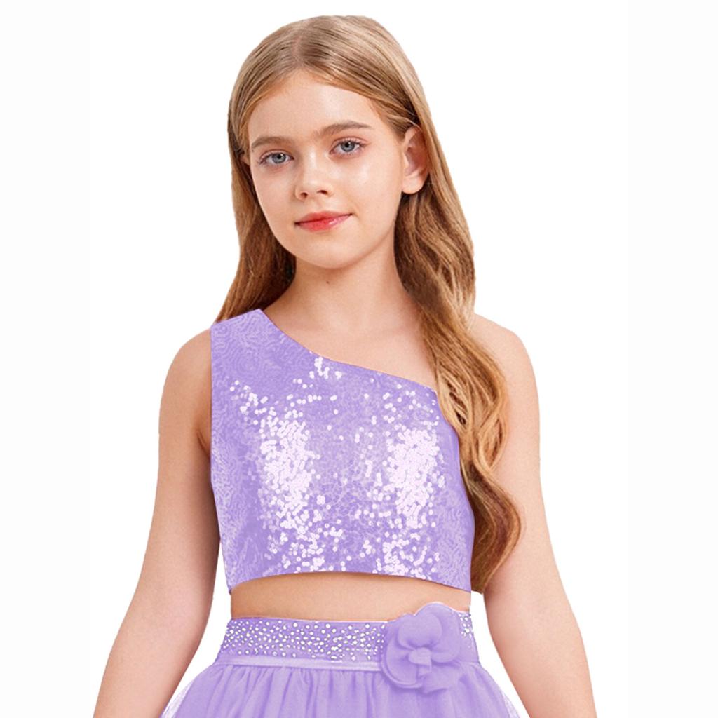 Mädchen Unifarben Spaghettiträger Ärmellos Schulterfrei Glitzernd Pailletten Oberteile Bankett Hochzeit Feier Oberteil