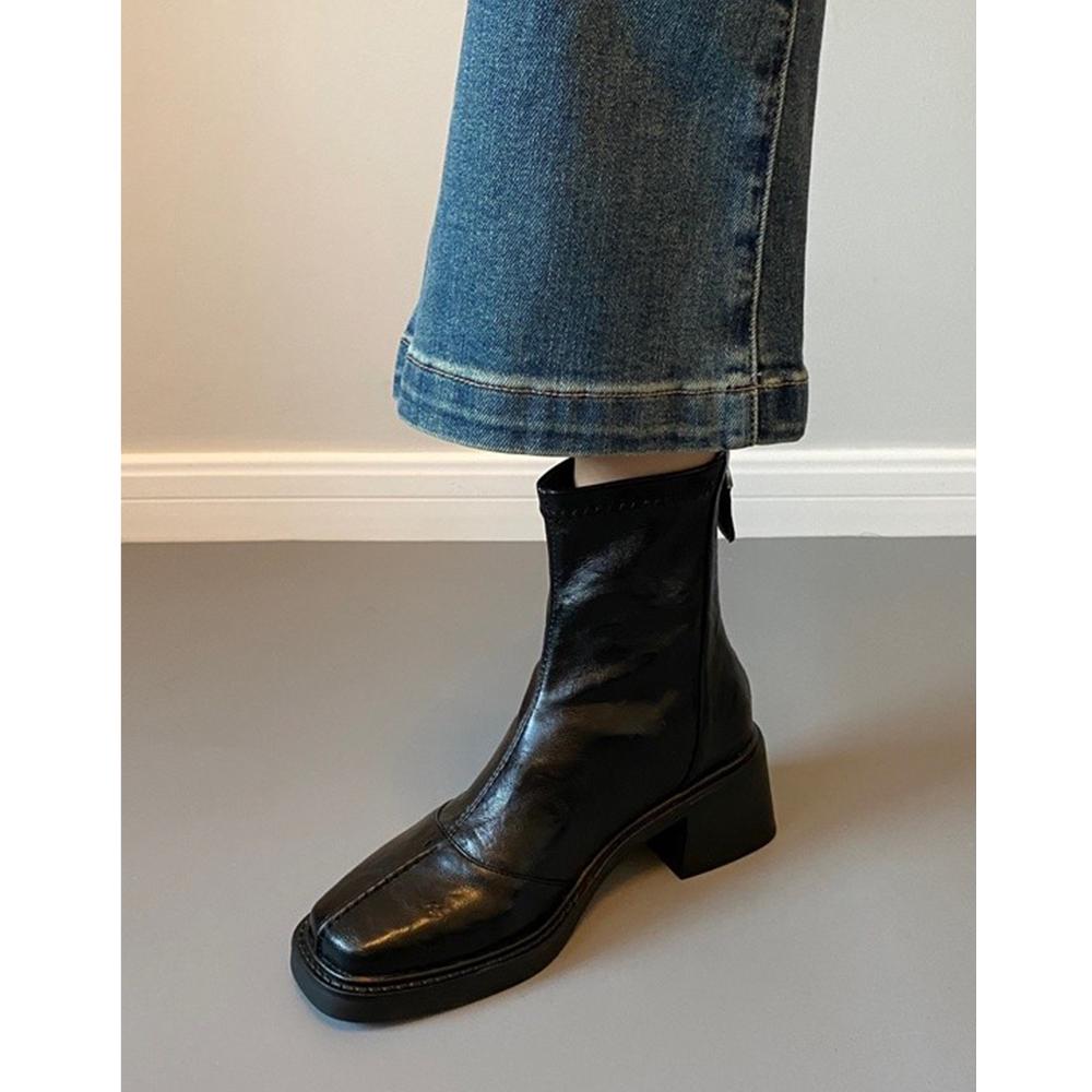 Leather square head rear zipper Martin boots women's 2025 new spring and autumn retro commuting thick heel thin boots high heel short boots