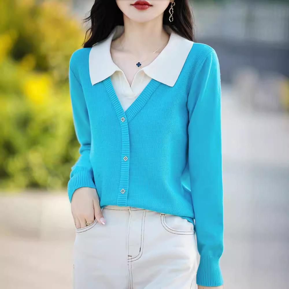 Autumn Tops Women's Fashion Shirt Sweater Women Loose Thin Lapel Knitted Bottom Shirt