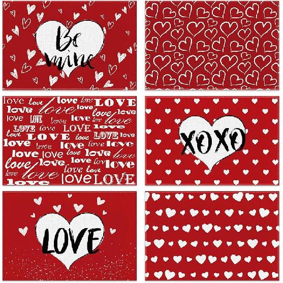 Red Love Valentine's Day Placemats Set of 6, Love Heart Seasonal Farmhouse 12 x 18 Inch Anniversary Wedding Holiday Table Mats for Dining Table Party