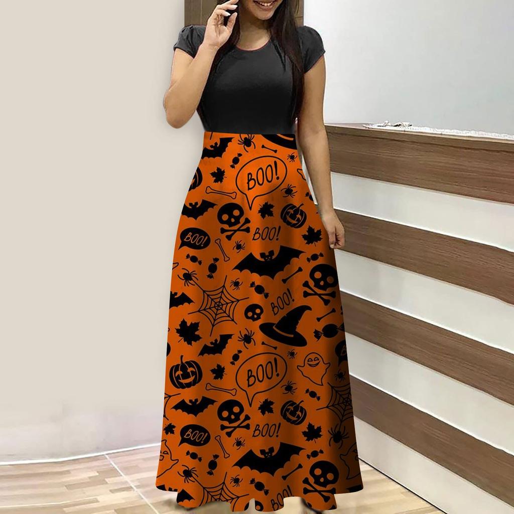 Women's Fashion Casual Halloween Print Round Neck Short-Sleeved Large Size Long Dresses