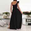 Sleeveless One Shoulder Dress with Ruffle Detail and Side Slit Maxi Dress with Flared Hem for Women