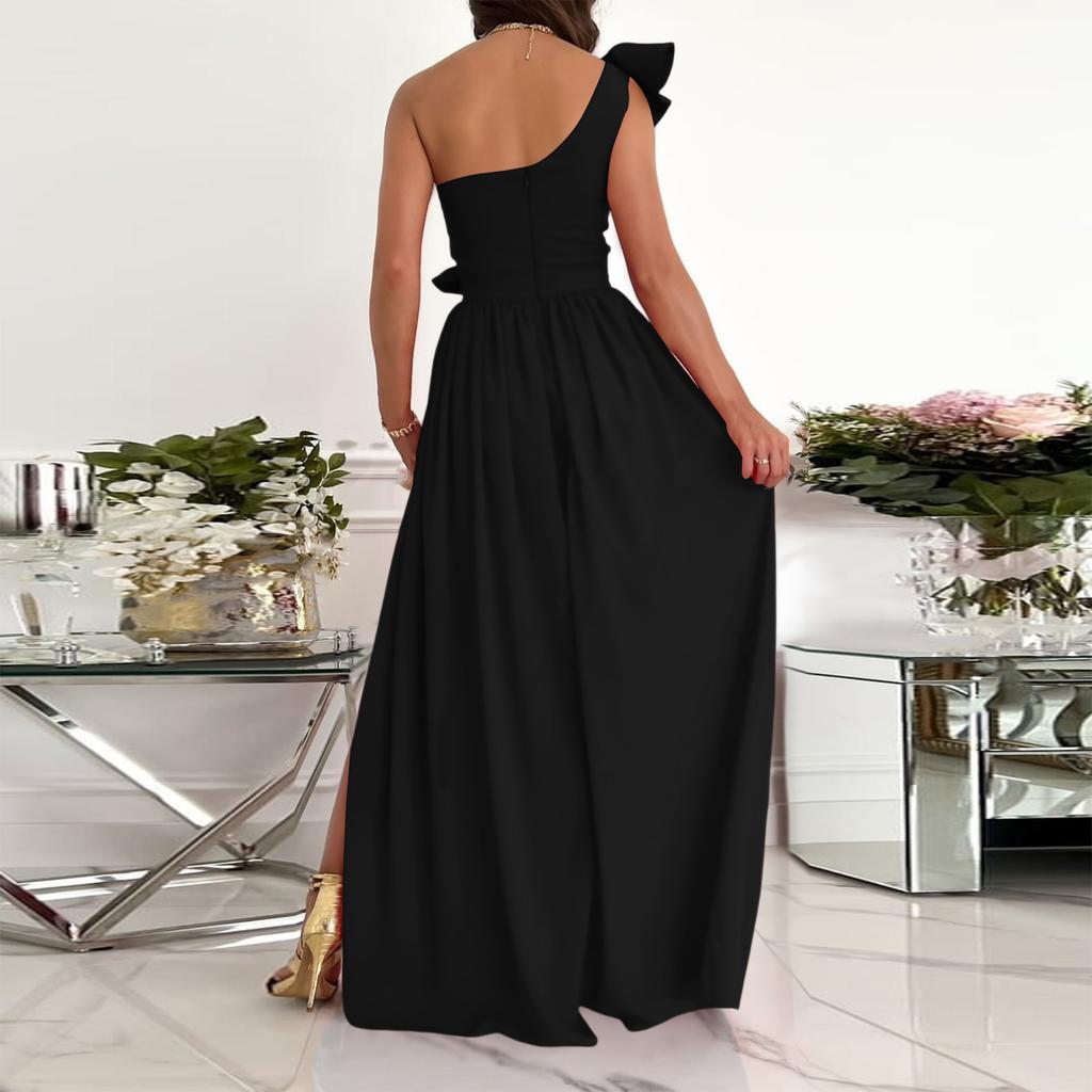 Sleeveless One Shoulder Dress with Ruffle Detail and Side Slit Maxi Dress with Flared Hem for Women