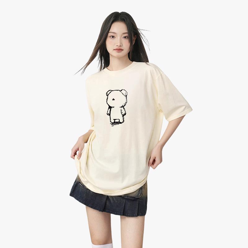 Dámské bavlněné tričko s černobílým medvědem: Krátký rukáv, Slim fit, Neformální letní oblečení