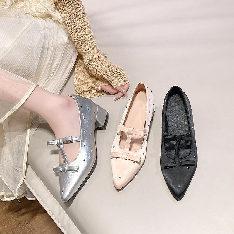 French Inner Heightening Thick Heel High Heels Satin Mary Jane Women's Shoes 2025 New Spring and Summer Pointed Not Tired Feet Single Shoes