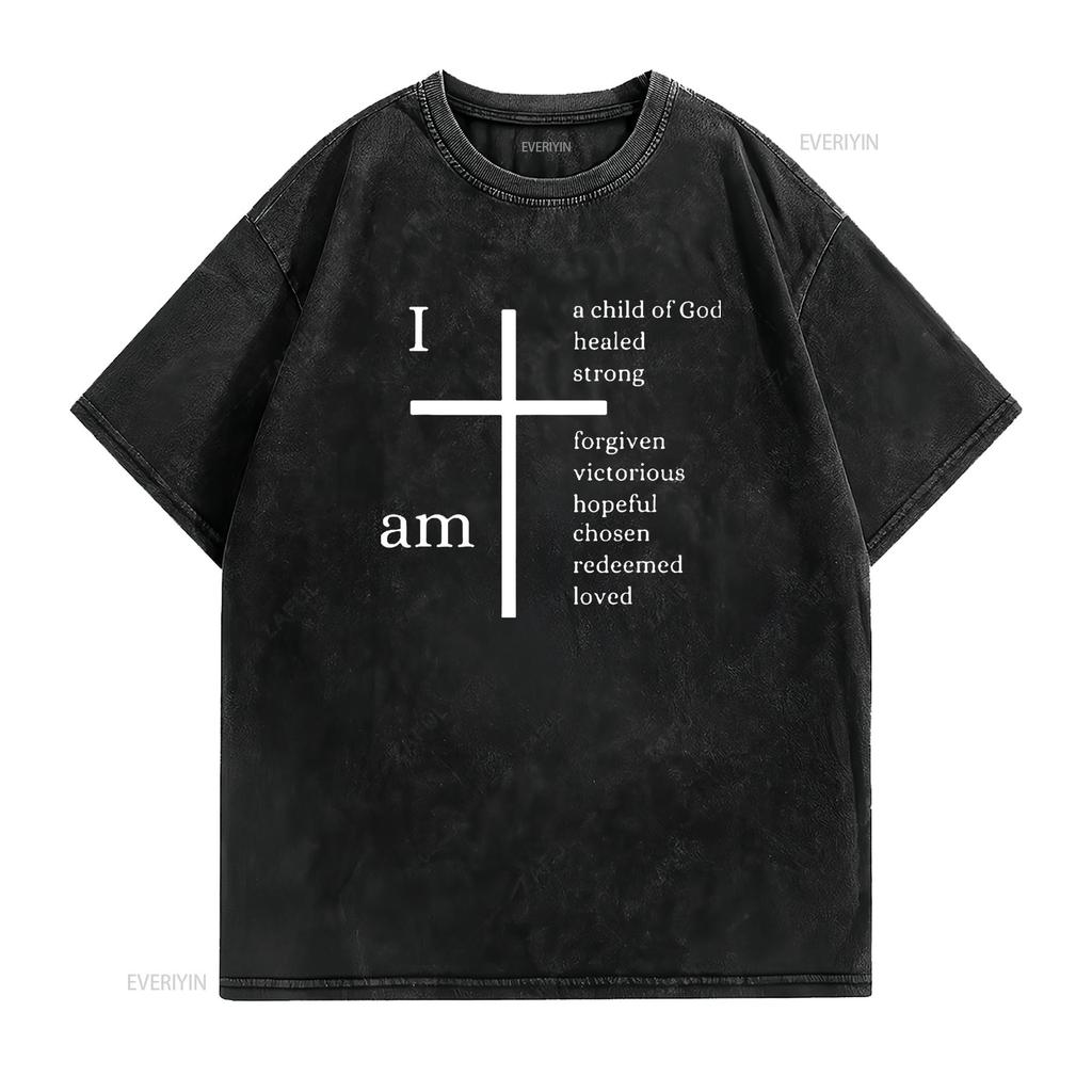 Mens I am a child of God Christian cross design T Shirt Black vintage Washed graphic homme Stylish fashion Comfortable Slightly