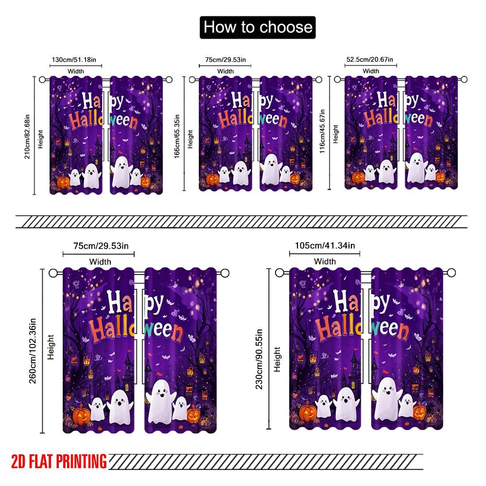 2pcs,2D Plane Printing Popular Curtain Panels Ghosts_ Pumpkins_ and Bats Polyester Easy Install (without Rod) Home Decor Perfect