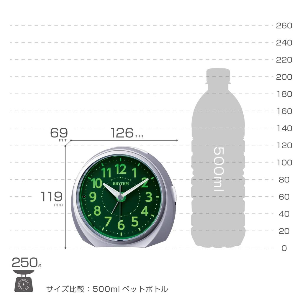 RHYTHM Luke R666 Analog Alarm Clock with Night Automatic Continuous Second Focused Electronic Silver Visibility, Light, Hand, Dial, Alarm, (RHYTHM