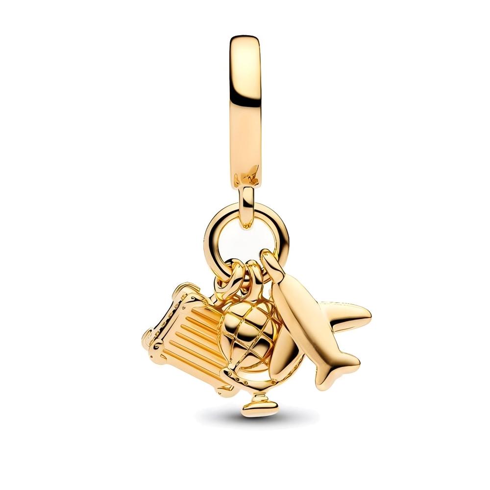 Gold Series Family Infinity & Airplane Globe Suitcase Triple Dangle Charm Fit Pan Bracelet DIY Women's Jewelry Gift