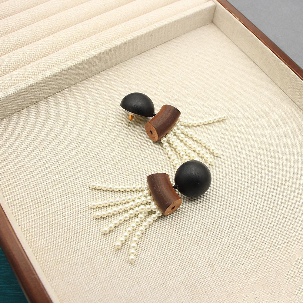 MONIES High-End Women's Wood Tassel & Glass Bead Long Earrings
