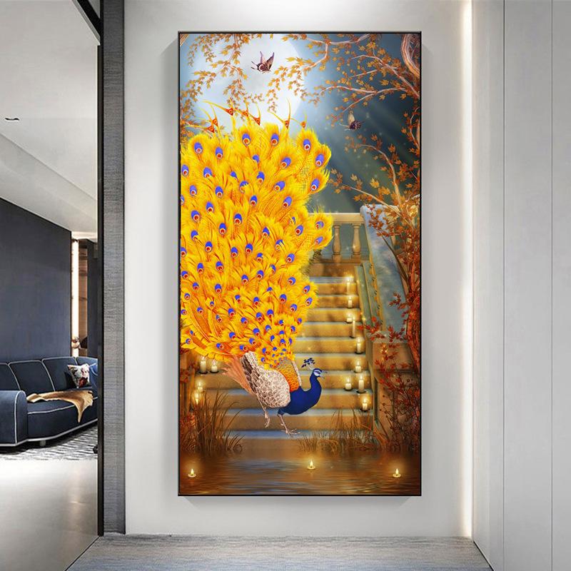 New Chinese Style Light Luxury Peacock Phoenix Canvas Painting Wall Art Abstract Golden Animal Posters for Porch Room Wall Decor