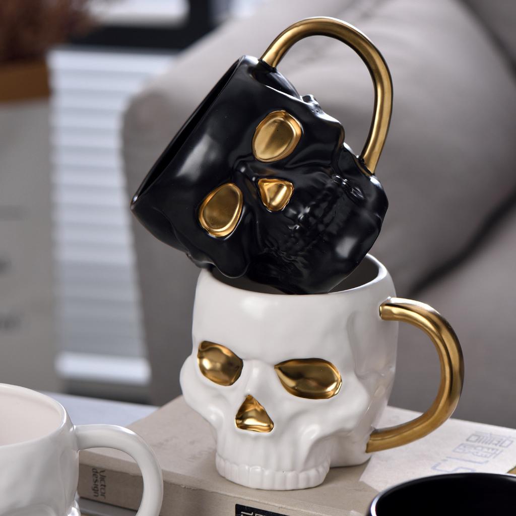 Halloween Skull Coffee Mug with Handles Gothic Novelty Ceramic Halloween Themed Skeleton Head Mugs Porcelain Water Cup