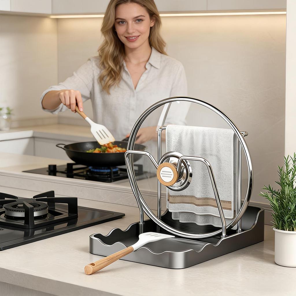 Double Layer Pot Lid Rack 2-In-1 Lid Storage Rack with 2 Sponge Drainers Countertop Kitchen Storage Rack with Spoon Rest
