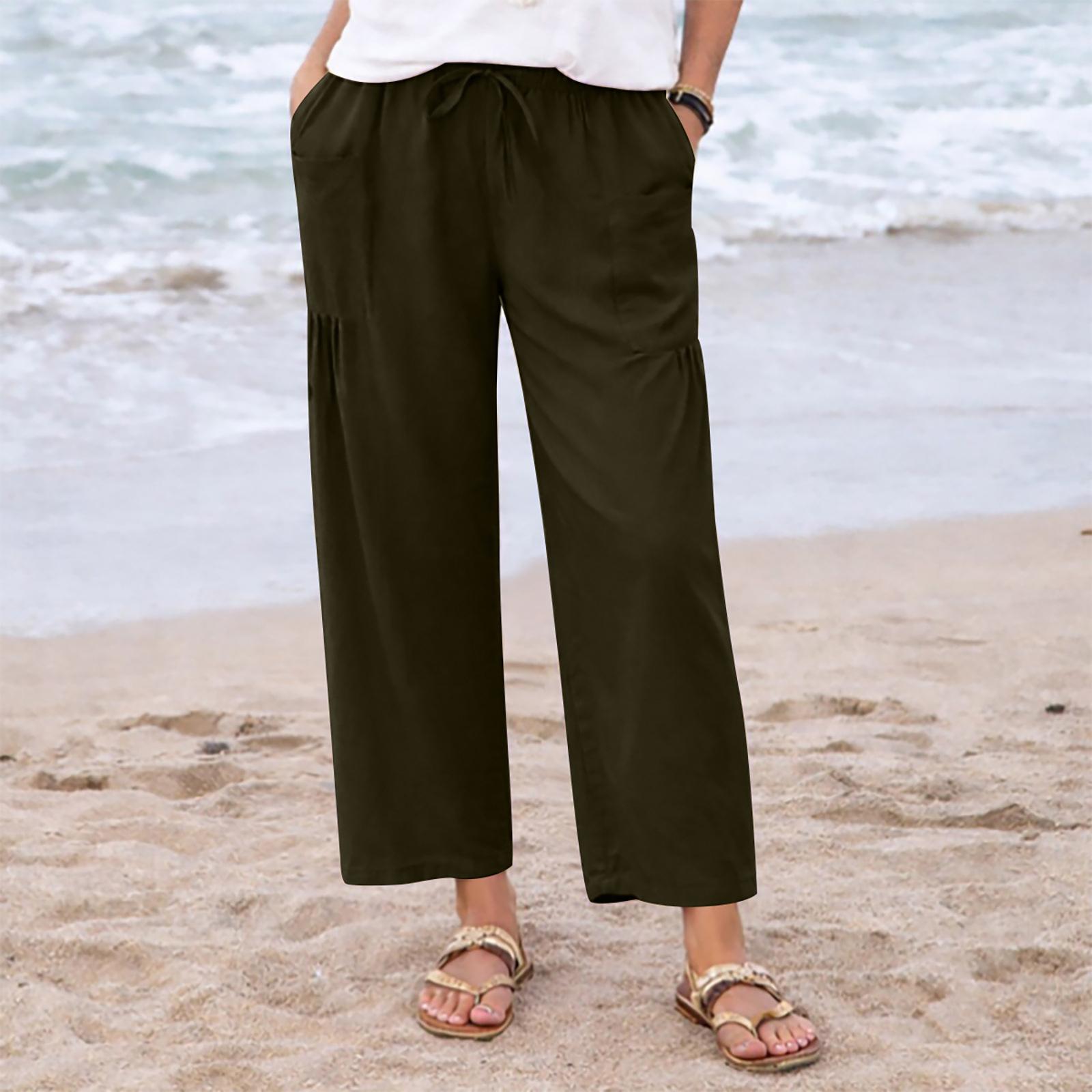 

Women Loose Fit Wide Leg Drawstring Pants Casual Linen Trousers with Pockets Elastic Waistband Relaxed Fit Summer Bottoms XXL чёрный