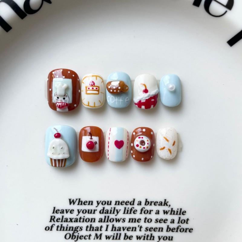 Cute Hand-Painted Press-On Nails Short Square Cat Eye Design Sweet Ins Style Nail Art Women