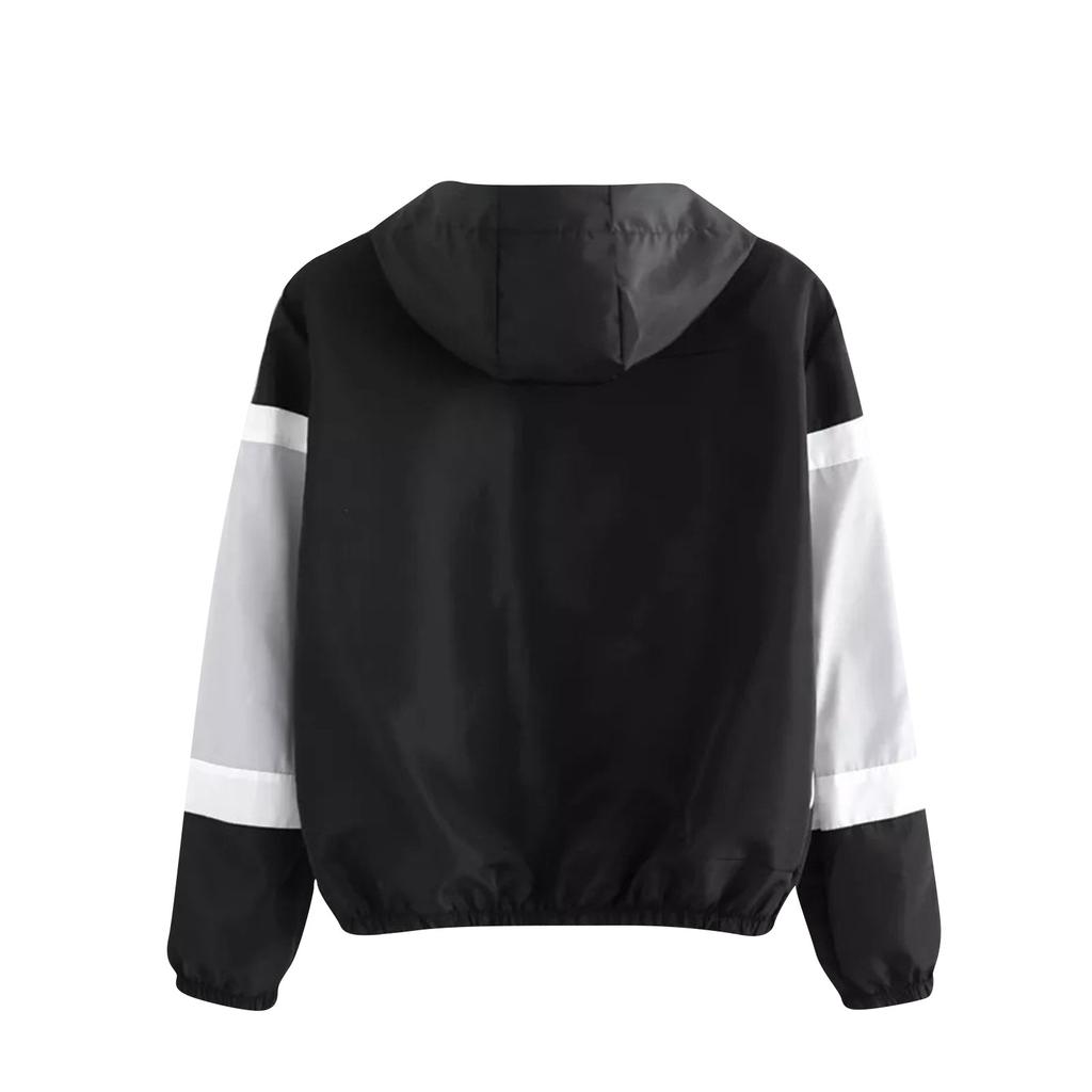 Womens Long-sleeved Hooded Zipper Stitching Contrast Color Windbreaker Coat