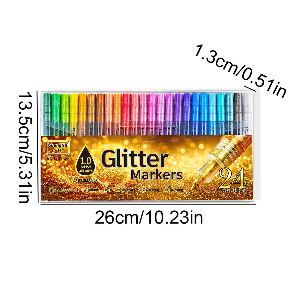 24-color 1.0mm Pen Tip Glitter Marker, Bright Colors with Blendable Watercolor Pen, Essential for Book Sketching and Drawing