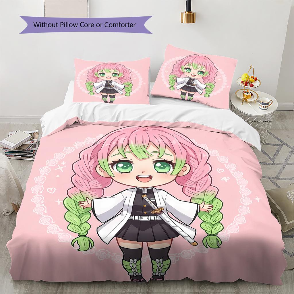 Demon Slayer Pattern Bedding,Quilt Set Quilt Cover Pillowcase Home Birthday Gift (1 * Duvet Cover + 2 * Pillowcase, Without Core)