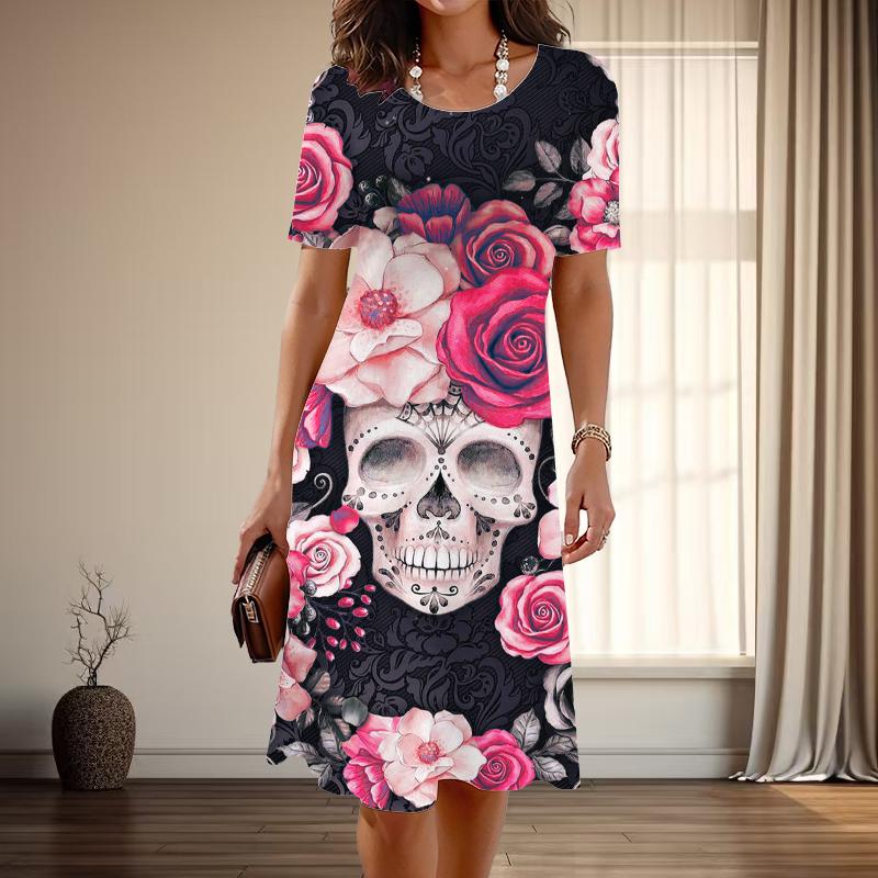 

Женская мода изящный принт розы и черепа лето весна короткий рукав О-образный вырез повседневные платья 8XL красный