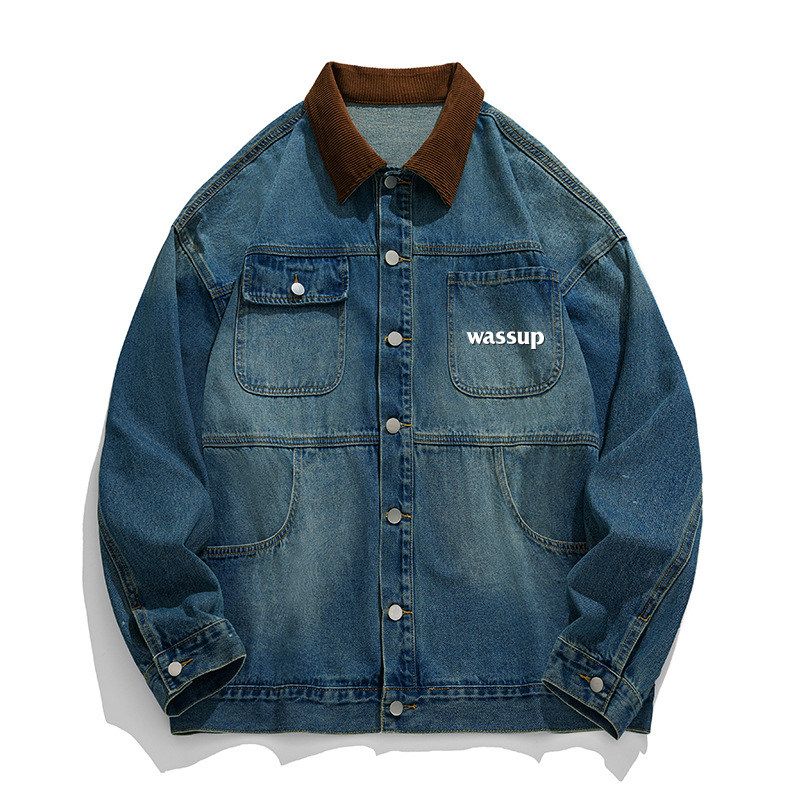 

Wassup American-Style Trendy Denim Jacket for Men, Autumn Vintage National Trend Couple s Coat, Gradient Blue Cardigan Top Blue X L