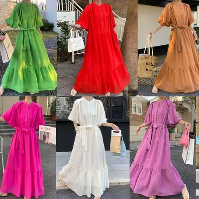 Stylish Casual Stand Up Collar Bubble Sleeve Single Breasted Dress for Women Autumn Tie Up Waist Cinching Slimming Ruffle Edge Long Dress