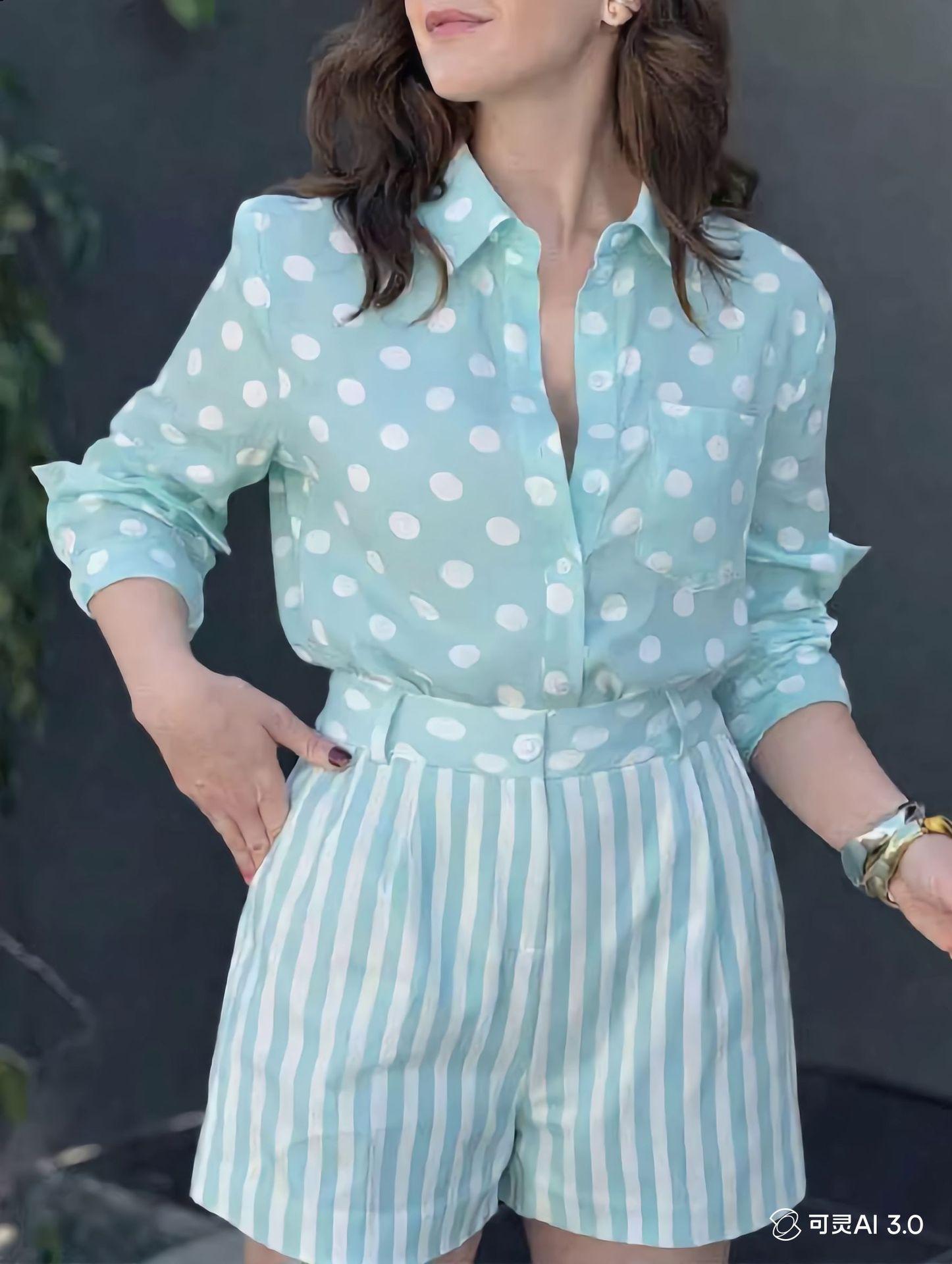 2026 Spring/Summer Independent Station Cross-border Fashion Casual Polka Dot Linen Cotton Shirt and Striped Shorts Two-piece Women s S
