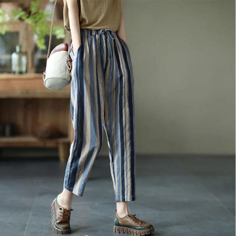 Pants Summer Women Cotton Stripes Pants Plus Size Loose Pajama Pants Versatile Casual Linen Pants