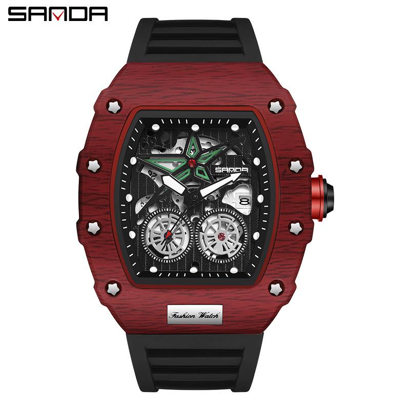 Sanda Men s Luminous Barrel-Shaped Skeleton Watch with Calendar, Trendy Waterproof Design