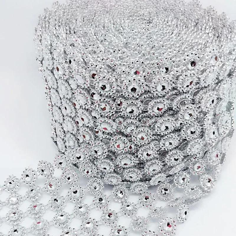 

1 Yard Bling Diamond Mesh Roll Acrylic Ribbons Party Birthday Wedding DIY Decorations Table Cake Wrap Crystal Tulle 6row серебряный