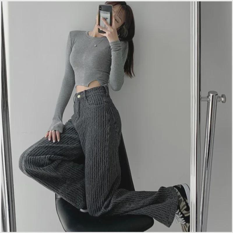 

Женские джинсы прямого кроя с высокой талией и широкими штанинами — европейский и американский стиль XL черный серый