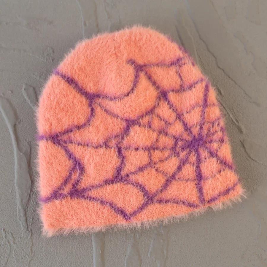 Fashion Plush Knit Spider Web Design Hat For Men Women Pullover Pile Cap Y2K Goth Warm Beanie Hats New Hip-Hop Street Cap