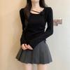 women floral applique ruched knit top square neck long sleeve form fitting casual solid color asymmetrical hem blouse