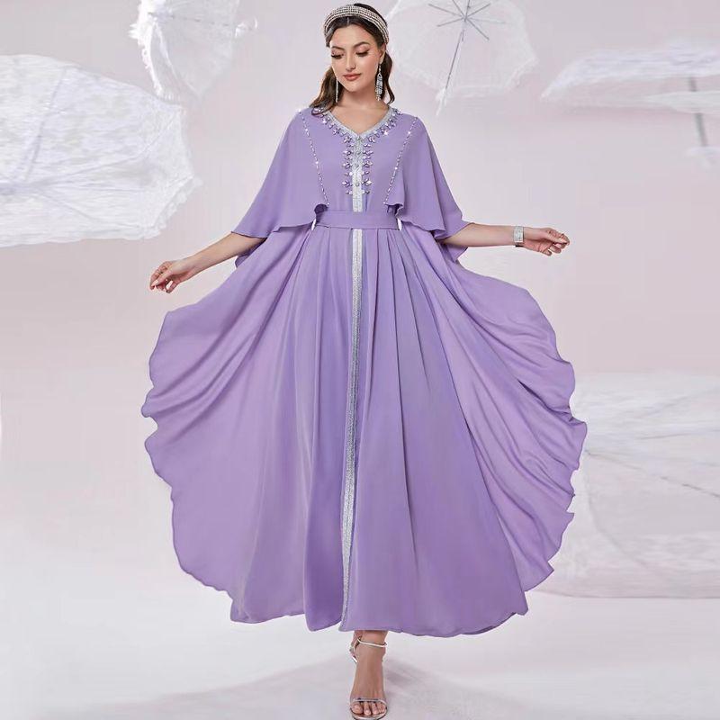 

Fashion V-neck Handmade Seam Drill Dress Party Long dress Hand Sewn Diamond V-Neck Dress Lilac XL