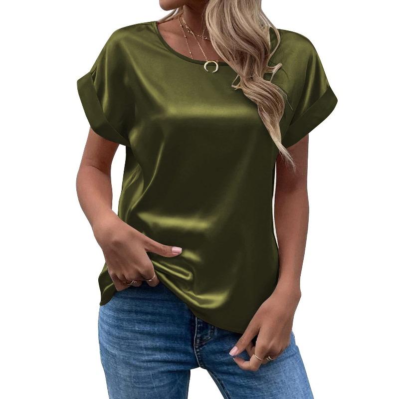 Spring and Summer New Women's Short-sleeved Satin Shirt Loose Casual Round Neck Satin T-shirt Women