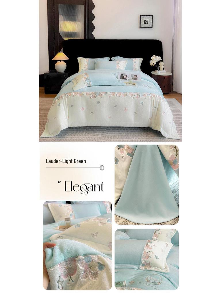 Embroidered Extra Thick Milk Velvet Four-Piece Winter Bedding Set—Duvet & Fitted Sheet, Full Matte Double Color