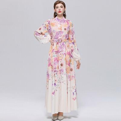 Spring/Summer Romantic Floral Print Stand-Up Collar Bell-Sleeve Slimming Party Dress for Women Elegant Single-breasted Maxi Dress with Belt