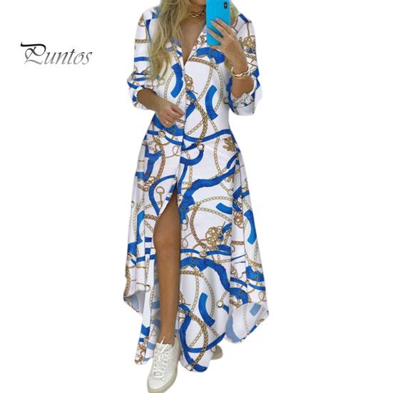 

Женское летнее классическое платье-рубашка с длинными рукавами, однобортное платье трапециевидной формы с принтом, свободное подол с разрезом на пуговицах и отложным воротником, повседневное платье макси 2XL синий