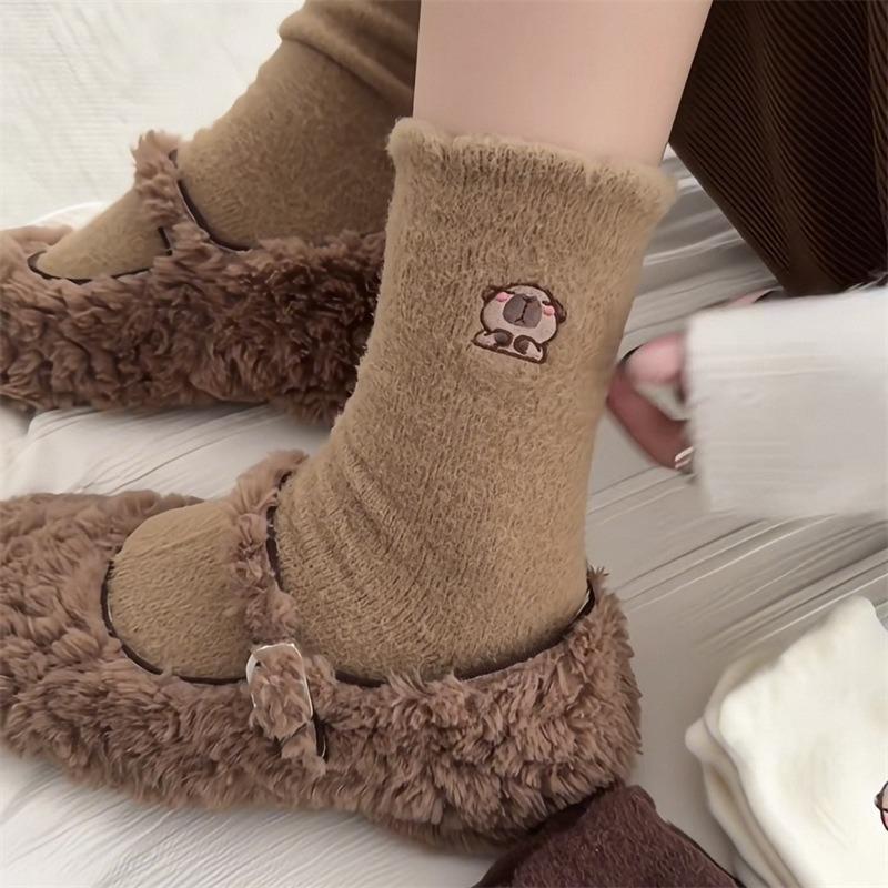 Female Autumn and Winter Thickened Warm Cartoon Embroidery Home Floor In The Tube Socks