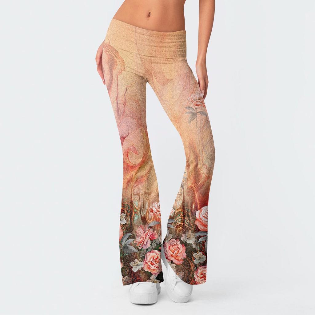 Women's Fashion Print Slim Fit Slim Reverse Waist Low Waist Elastic Waist Flare Pants