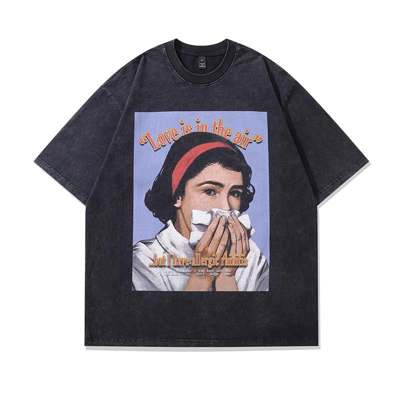 Sommer Schwere Baumwolle Gewaschen Vintage Oberteil Harajuku Straße Retro Bedrucktes Kurzarm-T-Shirt Herren Ins