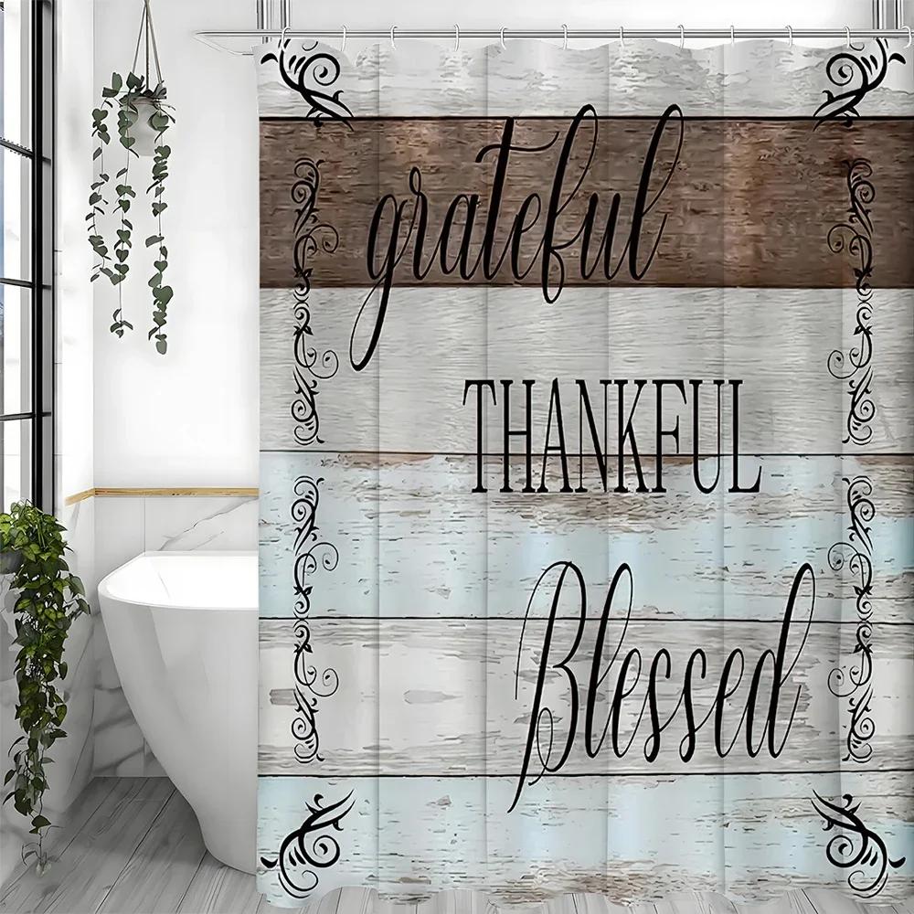 

Rustic “Gratitude”, “Thank You”, “Blessings” Text Stylish Blue And White Design Shower Curtain, Bathroom Decorative Shower Curta W60H190(CM)-1 Pcs