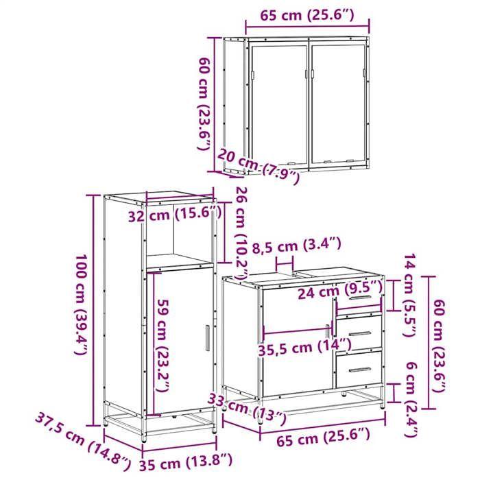 VidaXL Ensemble de meubles de salle de bain 3 pcs Chêne marron, armoire de salle de bain, placard de salle de bain, meuble 3300959
