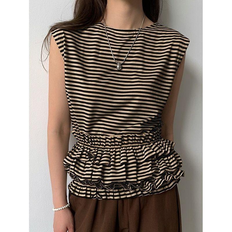 Cross-Border Japanese and Korean New Arrival Fruit Green Stripes Round Neck Ruffles Tight Wrapped Chest Belt Two-Way Sleeveless T-shirt for Women