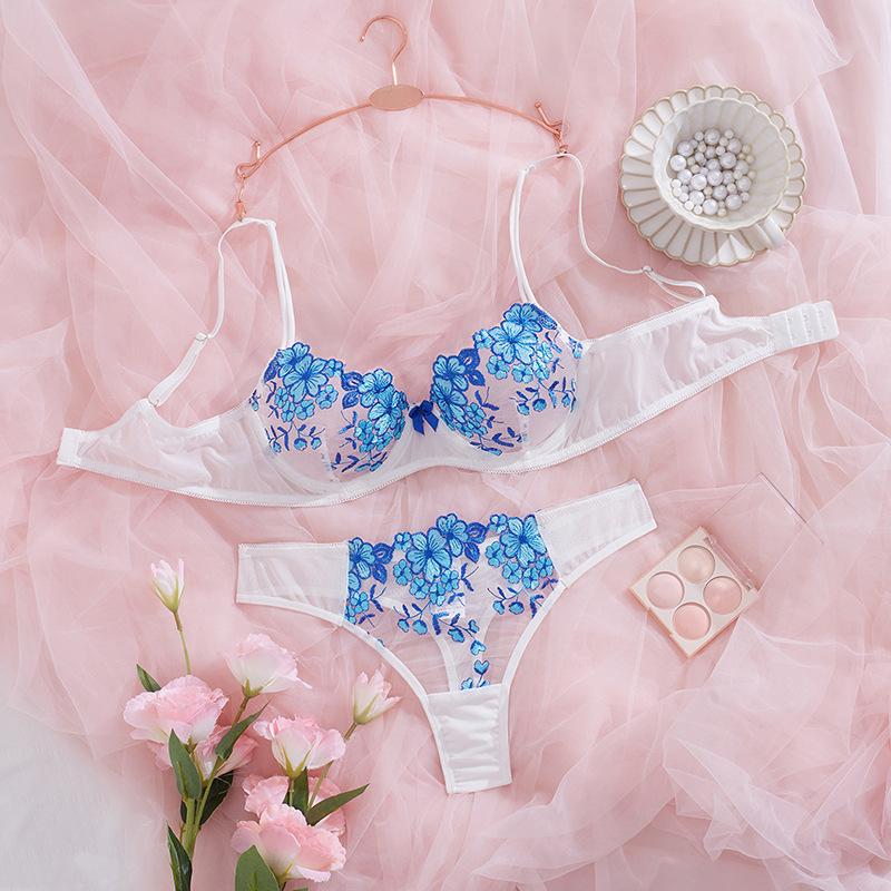 Lace bra embroidered sexy underwear set new flirting ultra-thin bra gather